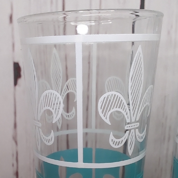 Hazel Atlas Set of 6 Glasses Tumbler White Turquoise 12oz. Highball Fleur-de-Lis - Picture 11 of 16